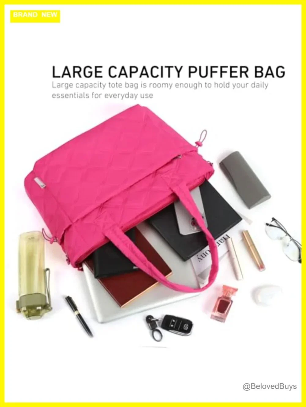 Lightweight Puffer Tote Bag with Zipper, Quilted Shoulder Bag, 9 Pockets